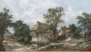 John James Wilson - Figures before a cottage, near Hemingstone