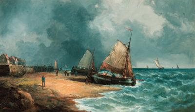 John James Wilson - Fishing boats waiting to float out on the tide
