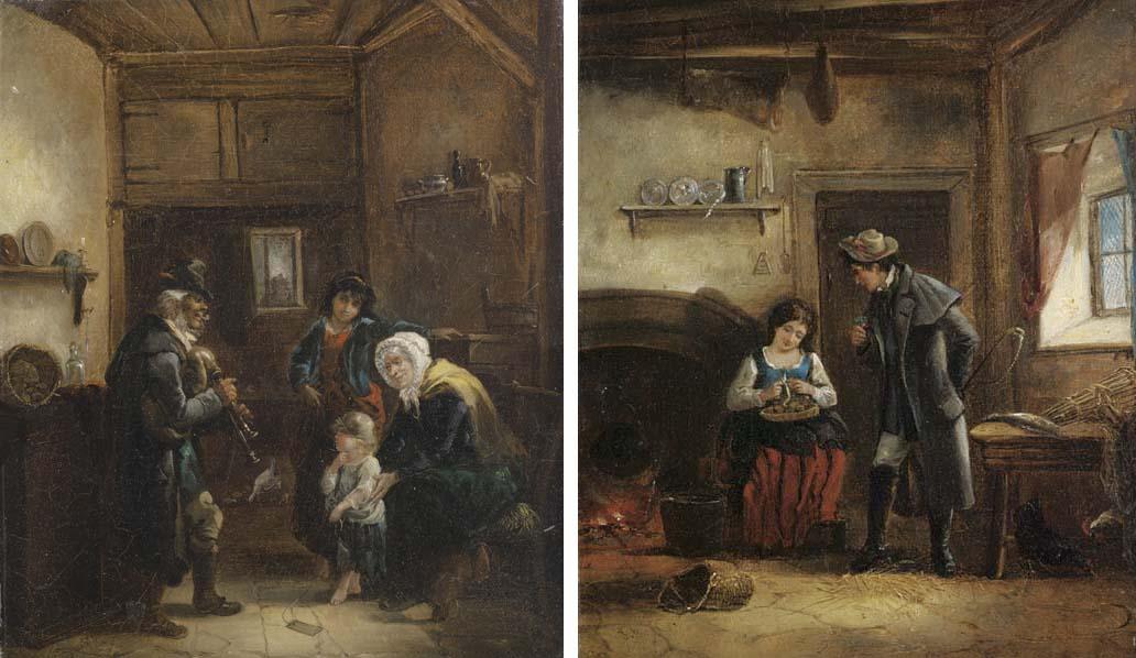 John Joseph Barker - A Piper Playing To Figures In An Interior; And A Couple Beside A Fire In An Interior