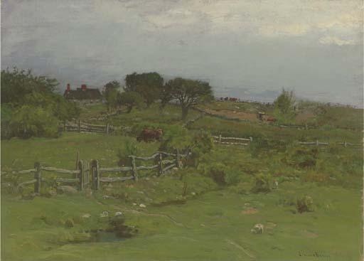 John Joseph Enneking - Cattle Grazing with a Farm in the Distance