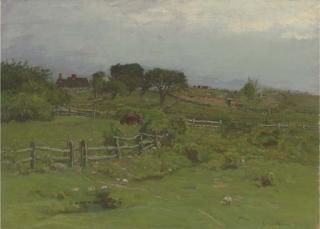 John Joseph Enneking - Cattle Grazing with a Farm in the Distance