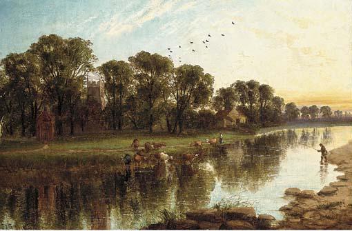 John Joseph Hughes - Cows watering near an angler in a river, a church beyond