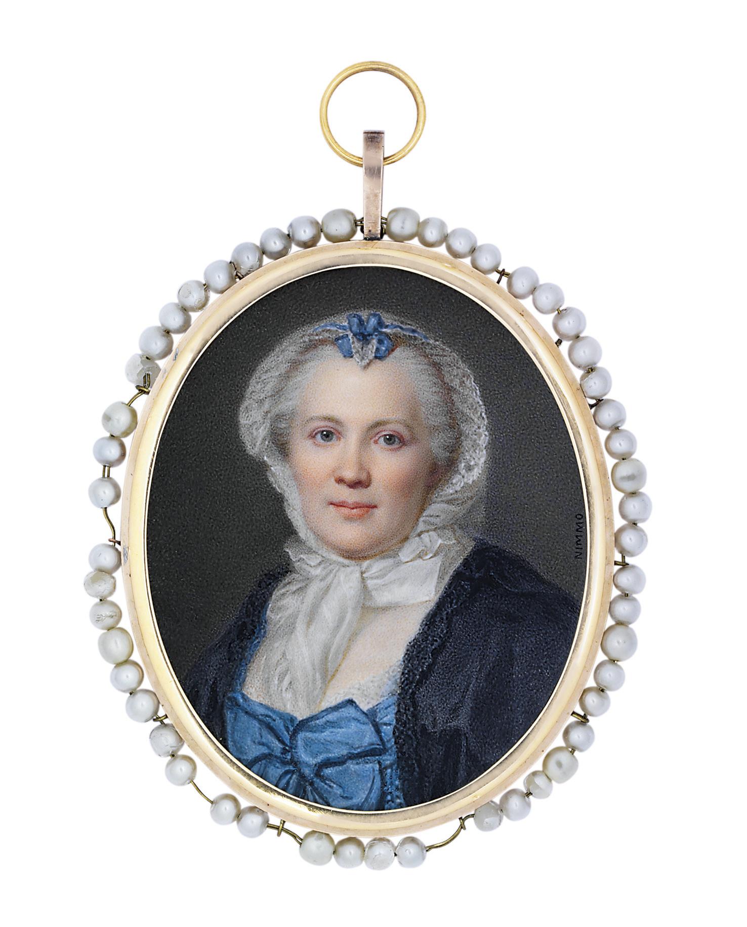 John-Jules Nimmo - A lady, in black and blue Louis XV robe à la française, white lace cap with blue ribbon bow, powdered hair