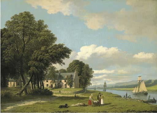 John Knox - The Clyde at Govan, with figures and a boat in the foreground