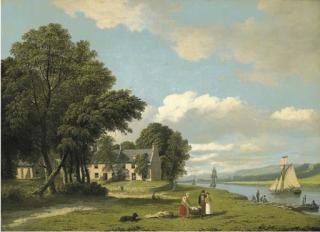 John Knox - The Clyde at Govan, with figures and a boat in the foreground