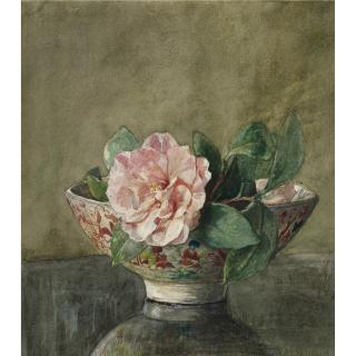 John La Farge - Camellia in Old Chinese Vase on Black Lacquer Table