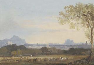 John Laporte - A distant view of Edinburgh from the north-east showing the Castle, St Giles Cathedral on the Royal Mile and Salisbury Crags