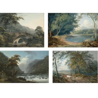 John Laporte - Four Views Of Ireland: The Artillery Bridge, Killarney, County Kerry; Deer Grazing, Lake Killarney, County Kerry; Figures Fishing In A River Landscape And Figures With Cattle In A Wooded Landscape  