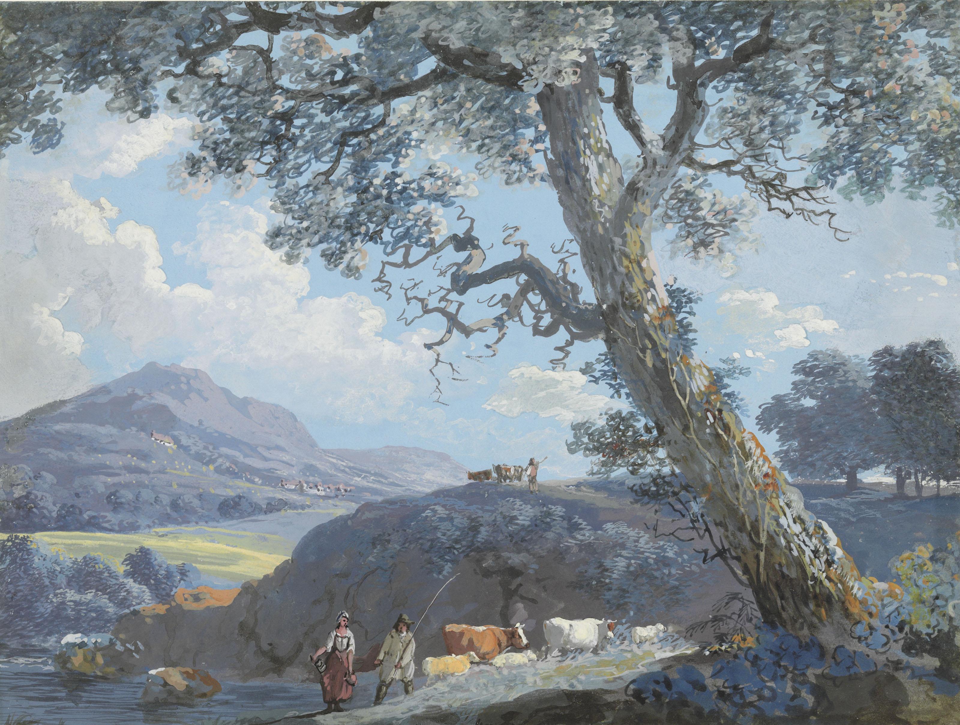 John Laporte - Rustic figures with cattle in an extensive landscape, probably in Ireland