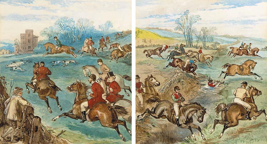 John Leech - A hunt in full cry; and A fall at the ditch