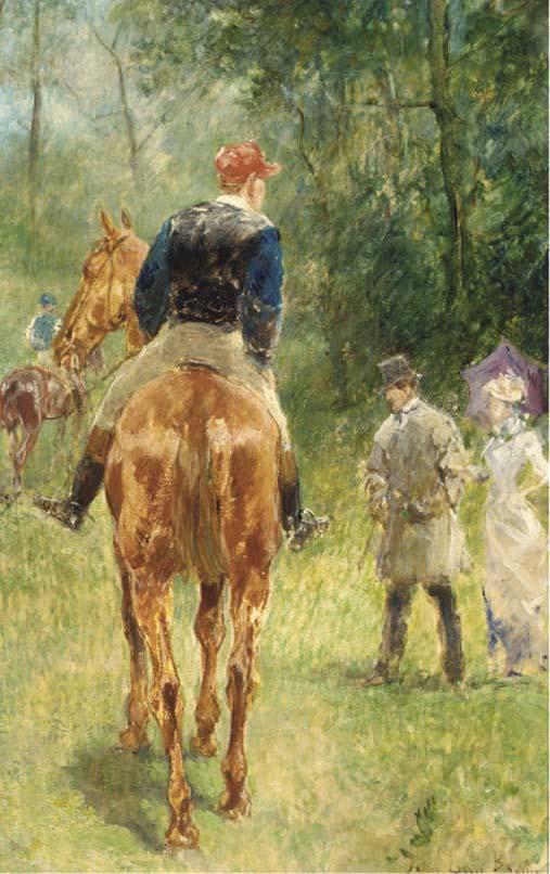 John Lewis Brown - Figures and horses in a wooded landscape