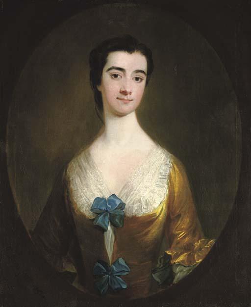 John Lewis - Portrait of a lady, half-length, in a yellow dress with blue bows, feigned oval