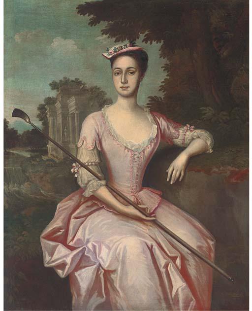 John Lewis - Portrait Of Mary Yeats, Of Ashton House, Beetham, Seated Three-Quarter-Length, Wearing A Pink Dress And Holding A Crop In Her Right Hand, A Landscape With Classical Buildings And A Flock Of Sheep Beyond