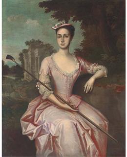 John Lewis - Portrait Of Mary Yeats, Of Ashton House, Beetham, Seated Three-Quarter-Length, Wearing A Pink Dress And Holding A Crop In Her Right Hand, A Landscape With Classical Buildings And A Flock Of Sheep Beyond