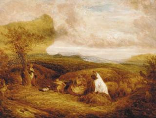 John Linnell - A shepherd with his flock and harvesters in a Surrey landscape