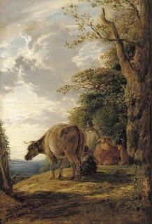 John Linnell - A wooded landscape with herdsmen and cattle