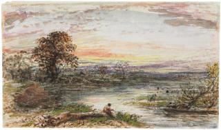 John Linnell - An angler by a river at sunset