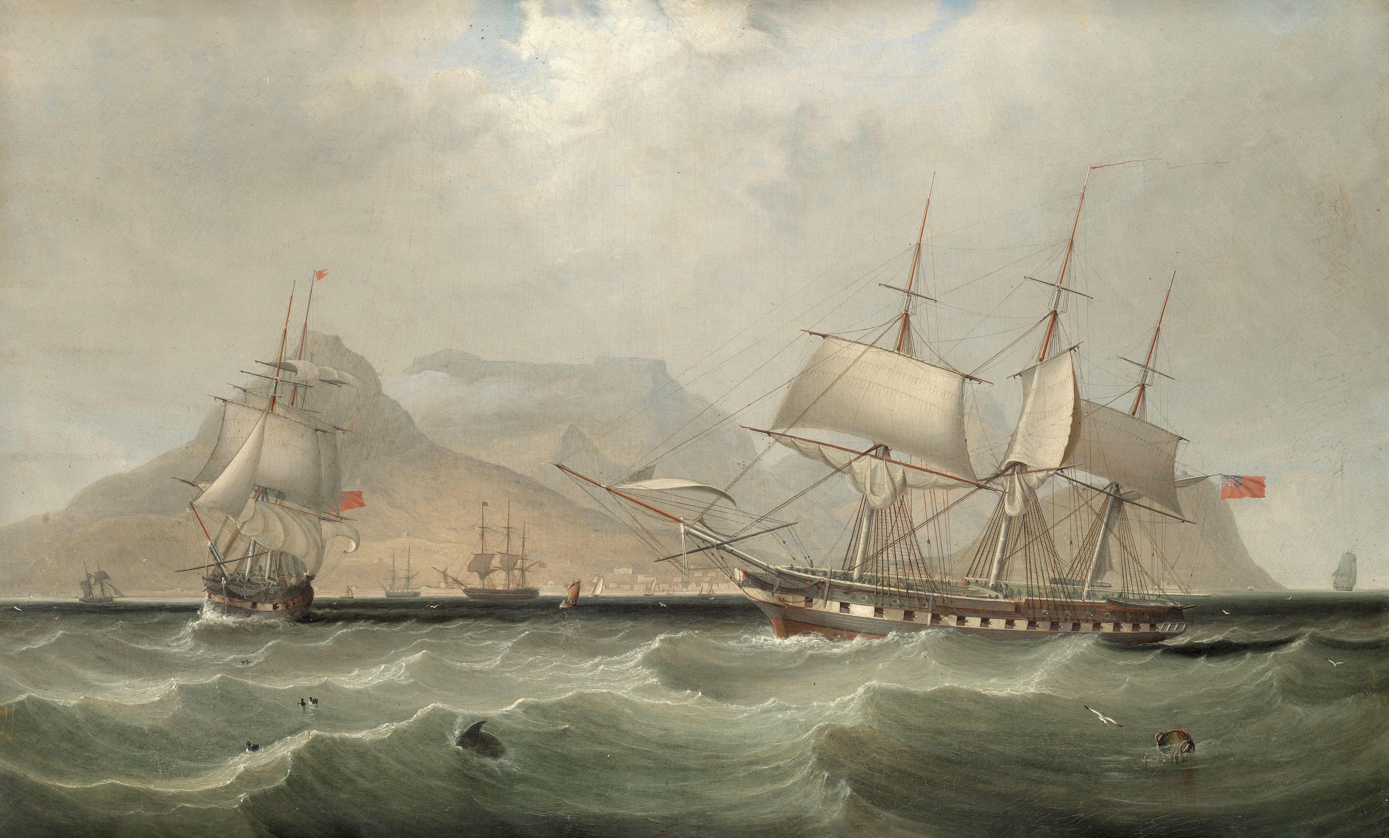 John Lynn - A frigate in two positions off Table Bay, Cape Town beyond