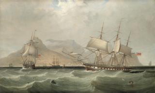 John Lynn - A frigate in two positions off Table Bay, Cape Town beyond