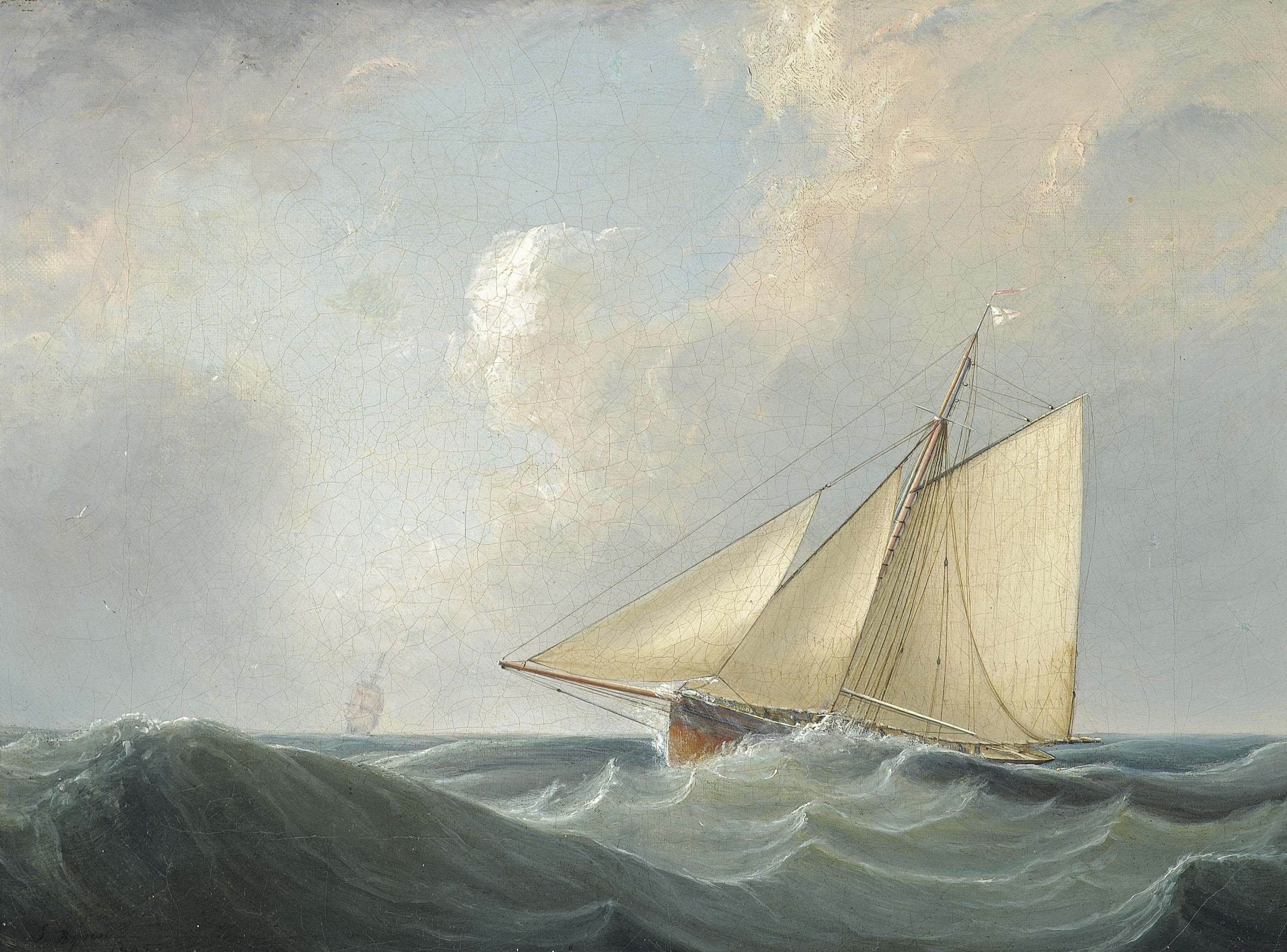 John Lynn - A Racing Cutter Of The Royal Yacht Squadron Beating To Windward Offshore