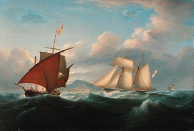 John Lynn - Lord Belfast\'s yacht Emily off the Mediterranean coast with a xebec off her port bow