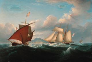 John Lynn - Lord Belfast\'s yacht Emily off the Mediterranean coast with a xebec off her port bow