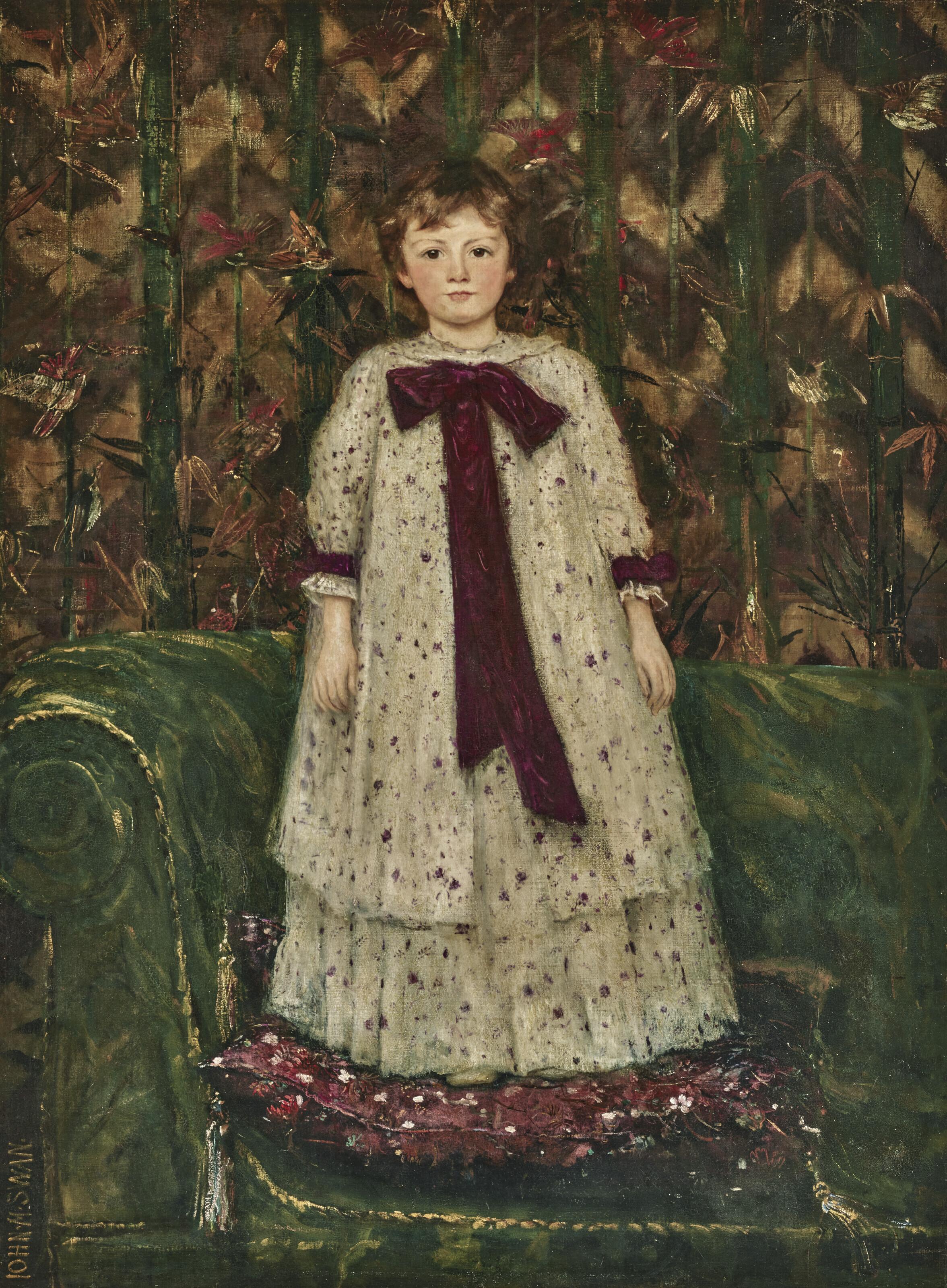 John Macallan Swan, R.A., R.W.S. - Portrait of Miss Elfrida Marjorie Eden, later Countess of Warwick (1887- 1943), as a child, full-length standing on a sofa