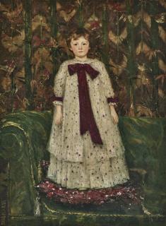 John Macallan Swan, R.A., R.W.S. - Portrait of Miss Elfrida Marjorie Eden, later Countess of Warwick (1887- 1943), as a child, full-length standing on a sofa