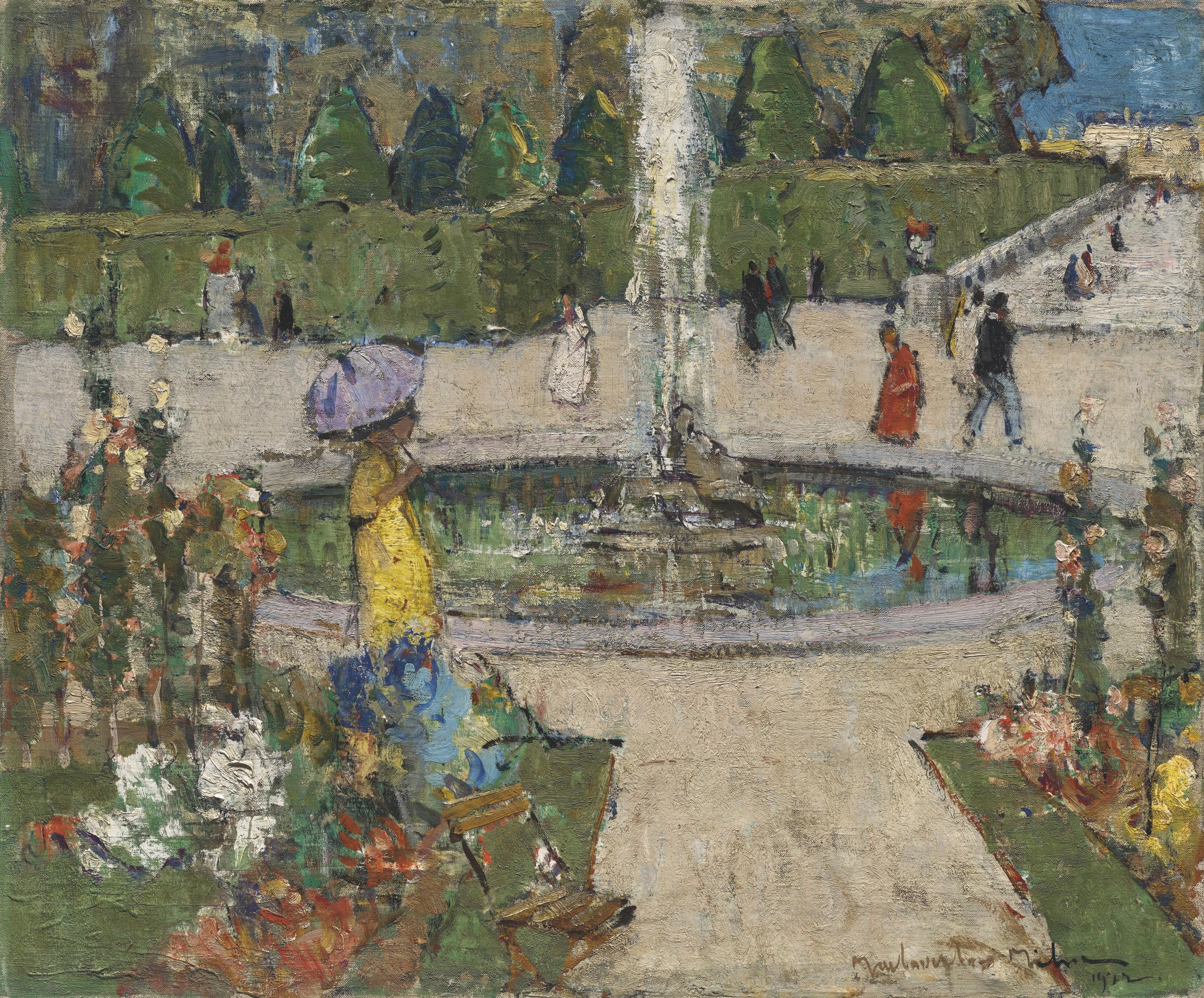 John Maclauchlan Milne, R.S.A. - Une promenade dans le parc (recto); and A cafe scene, unfinished (verso)