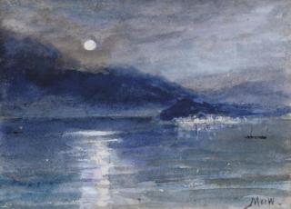 John MacWhirter, R.A., A.R.S.A., R.S.W. - Moonlight over Lake Como, Bellagio in the distance