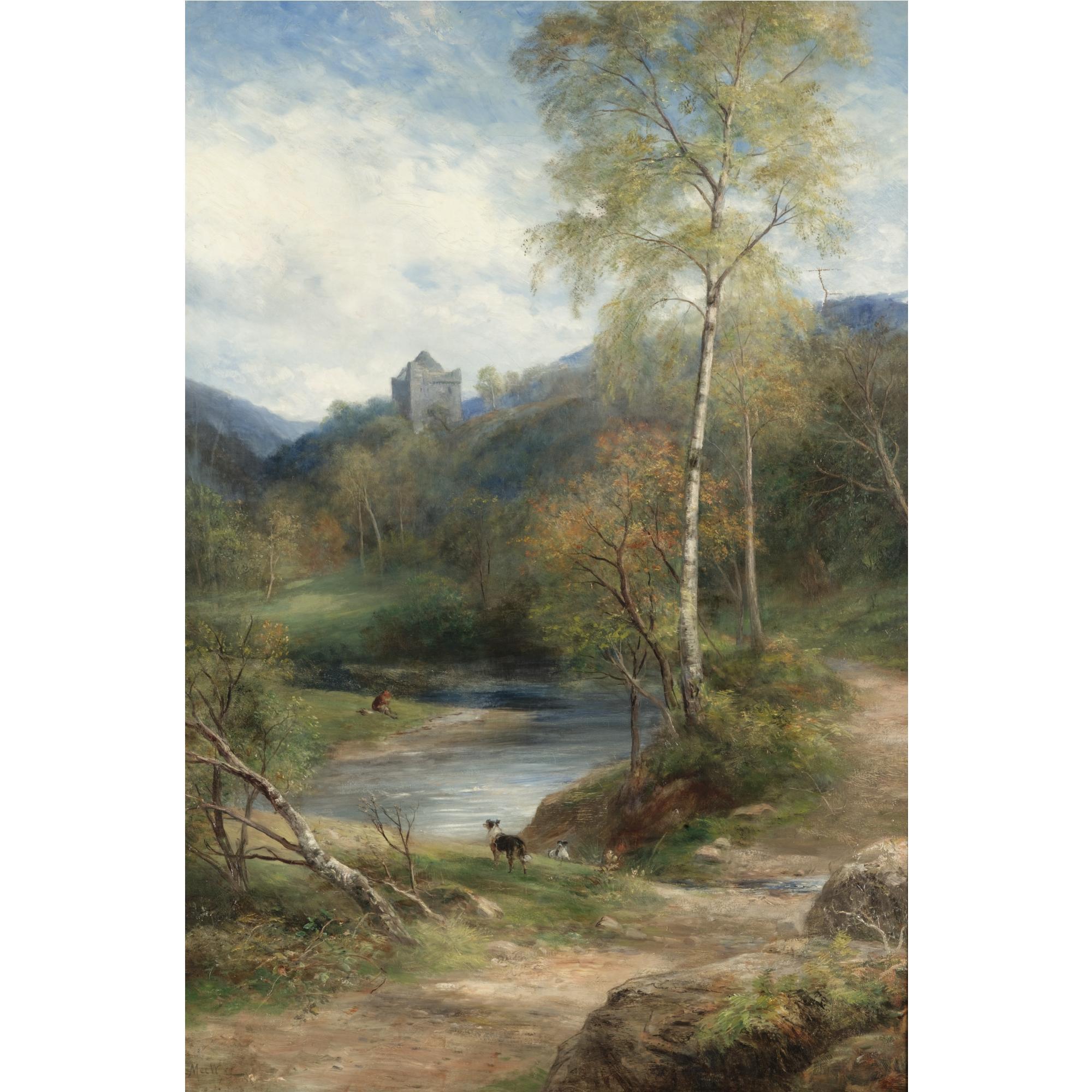 John Macwhirter R.A., H.R.S.A., R.I., R.E. - A River Landscape With Castle Beyond