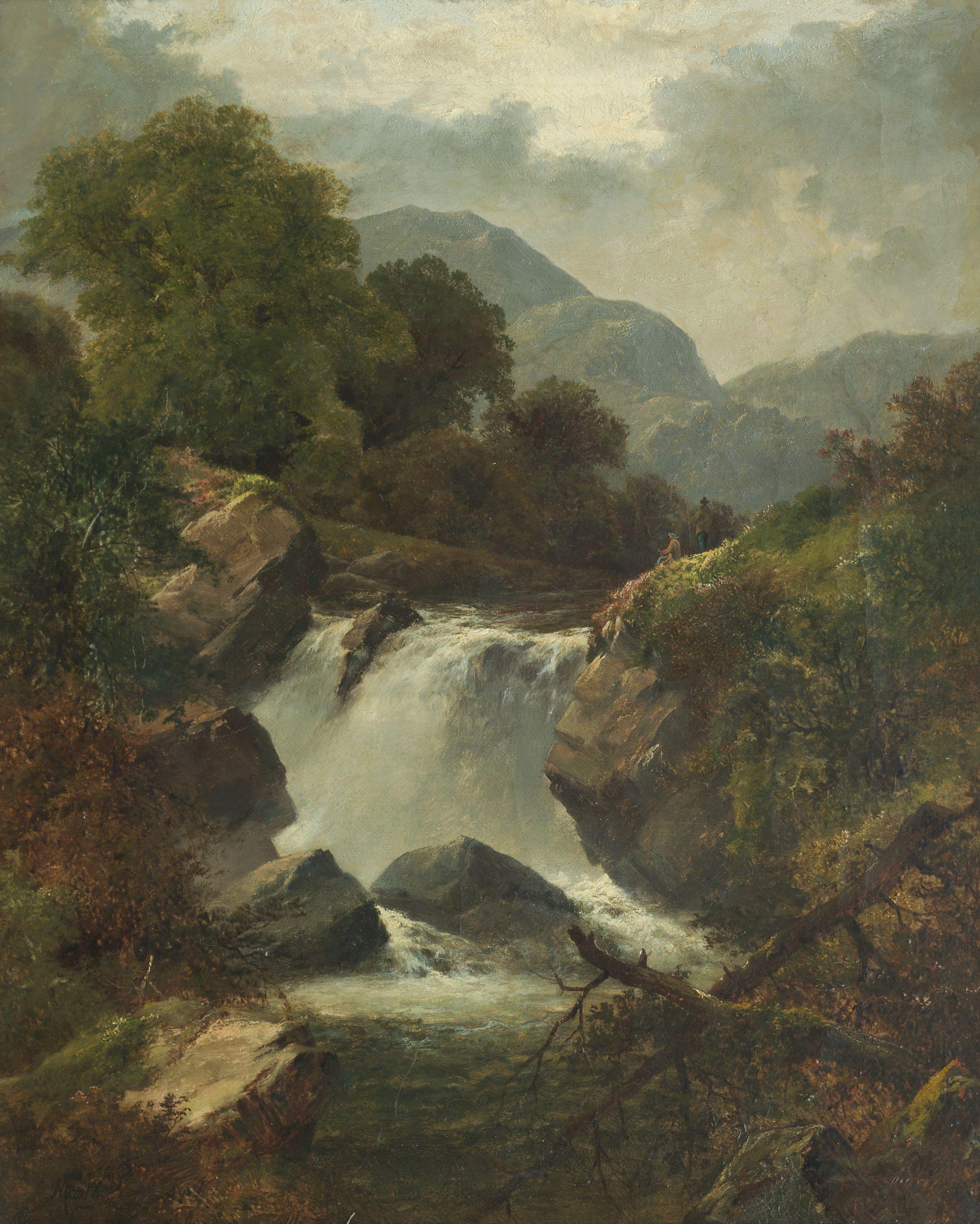 John MacWhirter RA HRSA RI RE - Anglers by a waterfall