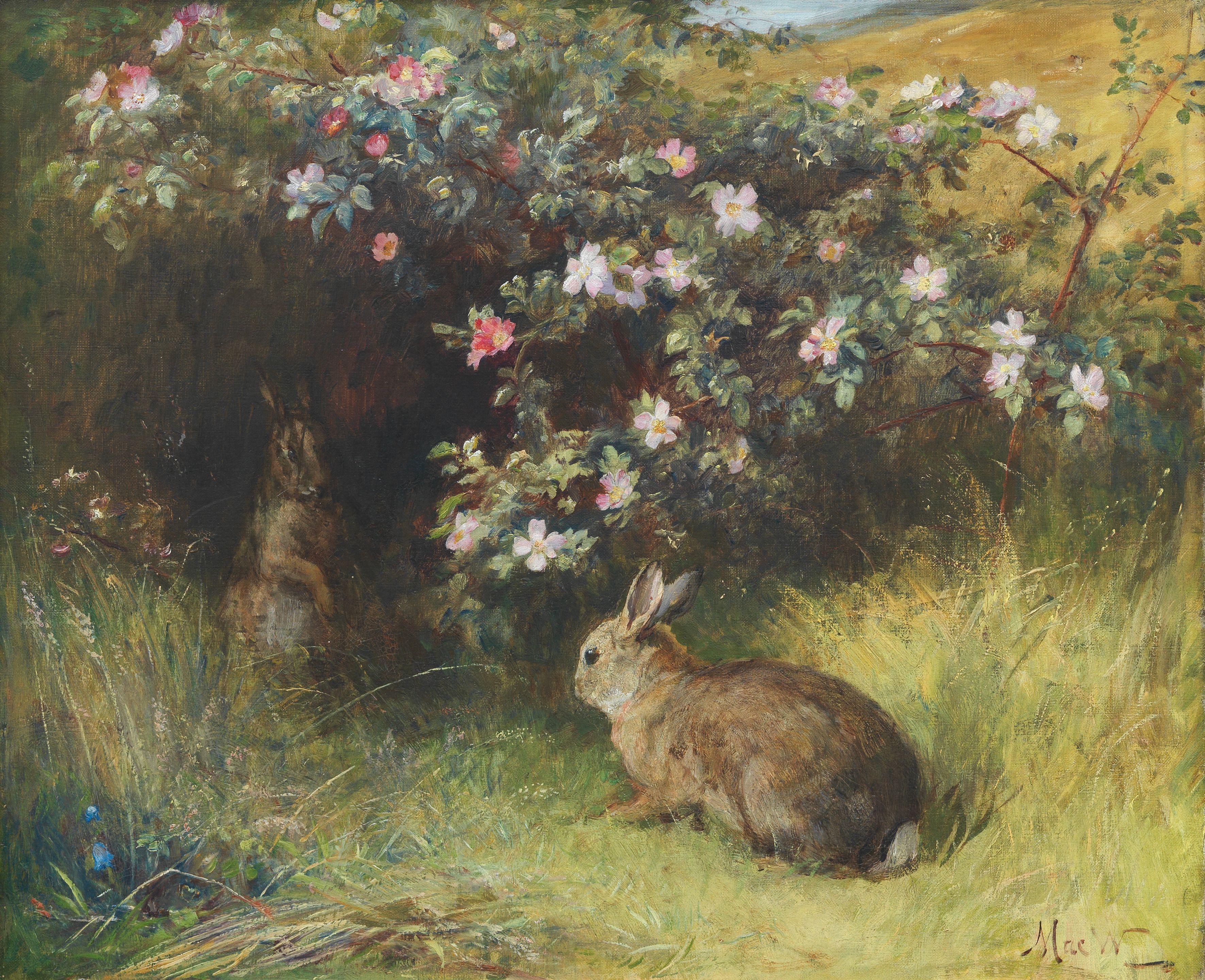 John Macwhirter RA HRSA RI RE - Roses and Rabbits