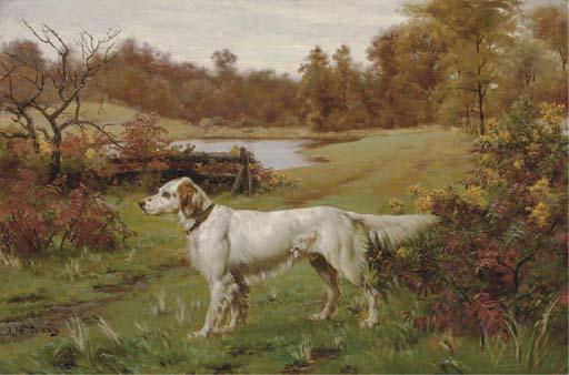 John Martin Tracy - A Marbled Beauty - An English Setter in a landscape, a lake beyond