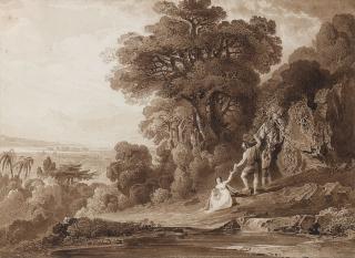 John Martin - A classical scene with a soldier rescuing a mother and child