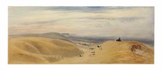 John Martin - A hilly landscape with a shepherd and his flock and a seated figure gazing out towards the horizon