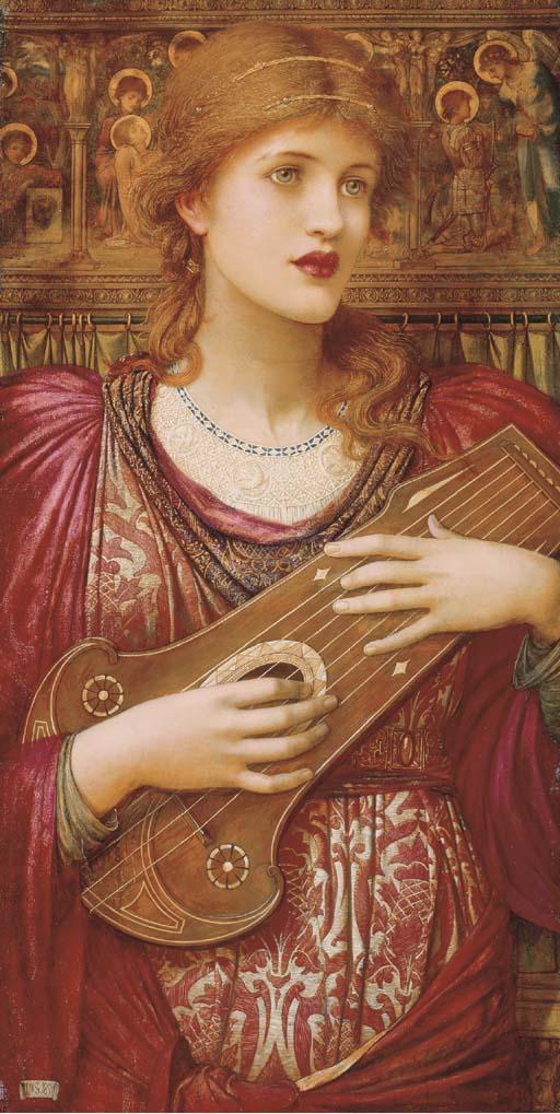 John Melhuish Strudwick - \'Thy Music, faintly falling, dies away,  Thy dear eyes dream that Love will live for aye\' G.F. Bodley