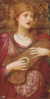 John Melhuish Strudwick - \'Thy Music, faintly falling, dies away,  Thy dear eyes dream that Love will live for aye\' G.F. Bodley