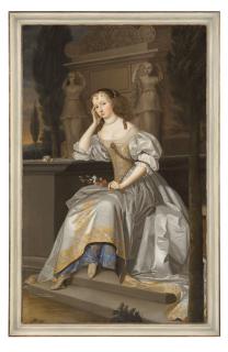 John Michael Wright - A posthumous portrait of Elizabeth, Countess of Westmorland (1648-?1667), full-length, seated in a white satin dress with gold and silver brocade, with a sprig of flowers in her left hand
