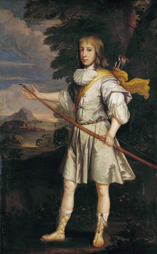 John Michael Wright - Portrait Of A Young Man, Possibly Anthony Henley, Son Of Sir Robert Henley, Of The Grange, Hampshire, Full-Length, In Classical Dress Carrying A Quiver And Bow, In A Landscape With A Coastal Town Beyond