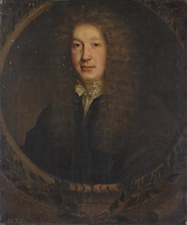 John Michael Wright - Portrait of John Dryden (1631-1700), Poet And Dramatist, Half-Length, In A Black Coat And White Shirt With Gold Fastenings, In A Sculpted Cartouche With A Laurel Leaf Wreath