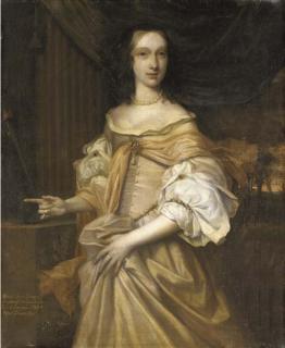 John Michael Wright - Portrait of Lady Catherine Dormer, three-quarter-length, in a pink dress with jewels and a pearl necklace, by a column, with a torch and an urn on a ledge, in a wooded landscape