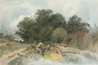 John Middleton - A pile of logs by a barn in a clearing