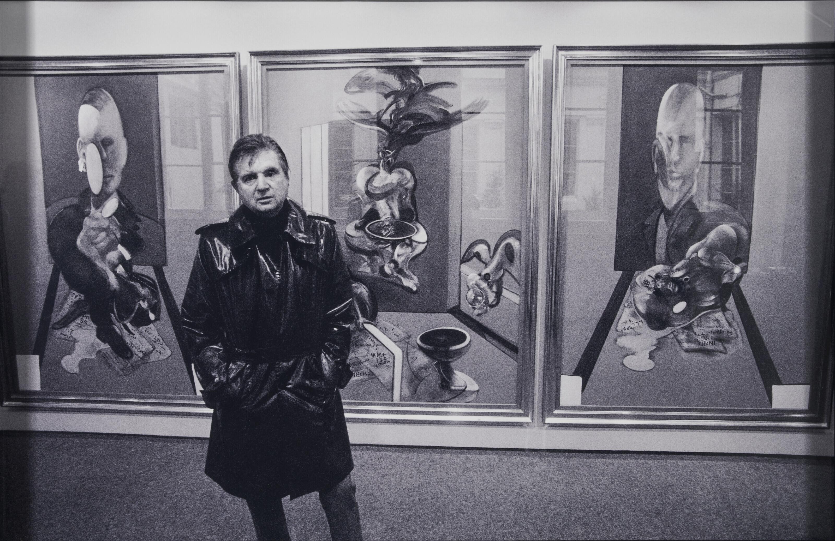 John Minihan - Francis Bacon with his Triptych 1976 at the George Bernard Gallery, Paris, 1977