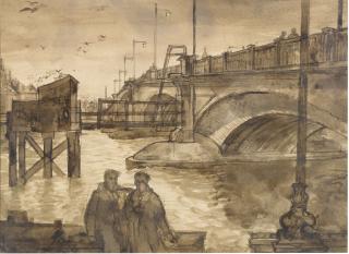 John Minton - Chelsea Bridge From The Embankment Cheyne Walk