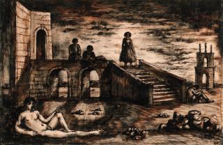 John Minton - Figures by a classical Ruin