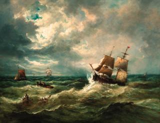 John Moore Of Ipswich - A trading brig in a heavy swell running down the coast