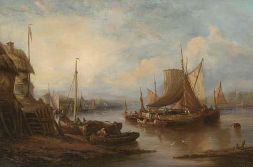 John Moore Of Ipswich - Barges on an East Anglian river at dusk