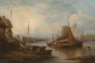 John Moore Of Ipswich - Barges on an East Anglian river at dusk