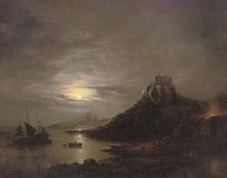 John Moore Of Ipswich - Lindisfarne Castle and Abbey, Holy Island, by moonlight